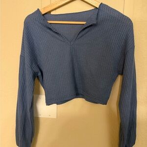Blue Ribbed 3/4 Sleeve Crop Blouse